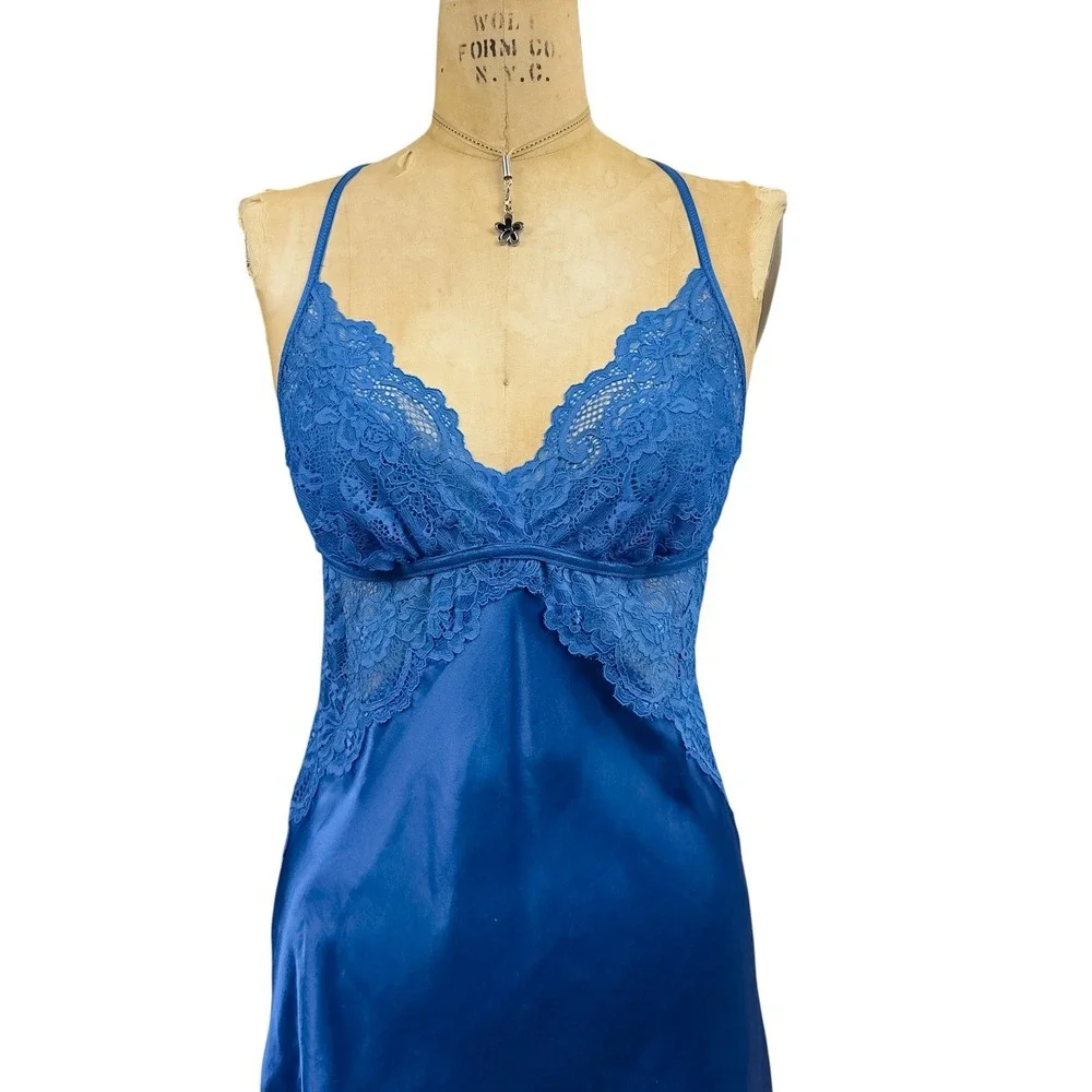 Coquette Blue Lace Chemise Nightie Strappy Back Satin Romantic Dainty One Size